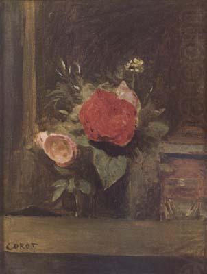 Bouquet de fleurs dans un verre a cote d'un pot a tabac (mk11), Jean Baptiste Camille  Corot